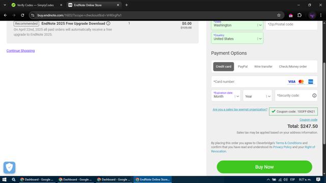 EndNote checkout page showing EndNote promo code box | Screenshot taken by SimplyCodes community member on Apr 15, 2025