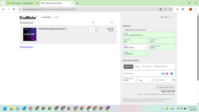 EndNote checkout page showing EndNote promo code box | Screenshot taken by SimplyCodes community member on Aug 6, 2025
