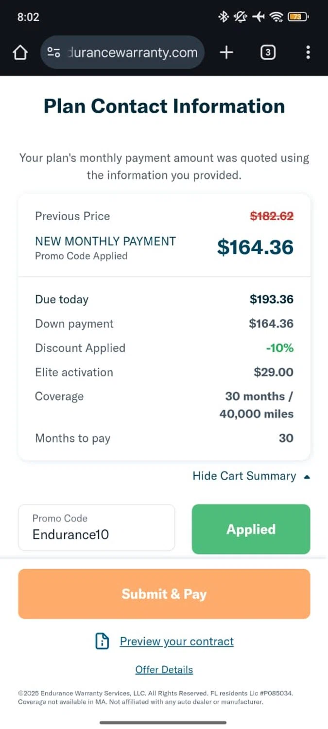 Endurance Warranty promo code screenshot showing code Endurance10 applied at Endurance Warranty checkout page. Uploaded by SimplyCodes community member RoyalSpotter5217 on Dec 28, 2025