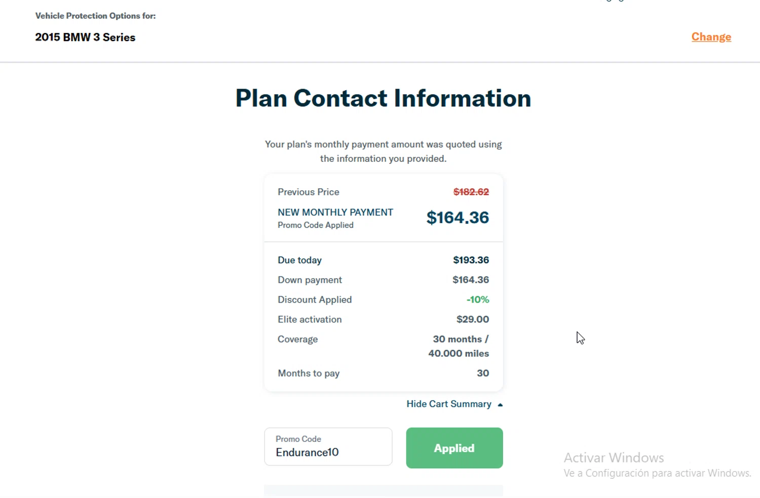 Endurance Warranty promo code screenshot showing code Endurance10 applied at Endurance Warranty checkout page. Uploaded by SimplyCodes community member ligthYA on Dec 17, 2025