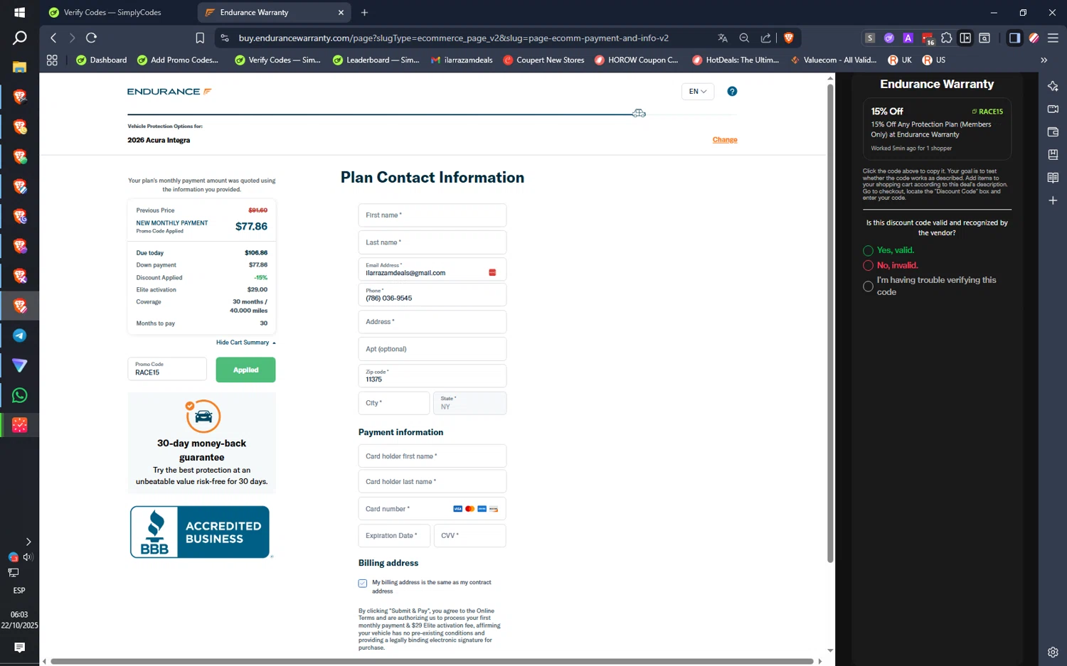 Endurance Warranty promo code screenshot showing code RACE15 applied at Endurance Warranty checkout page. Uploaded by SimplyCodes community member IronMind4607 on Oct 22, 2025