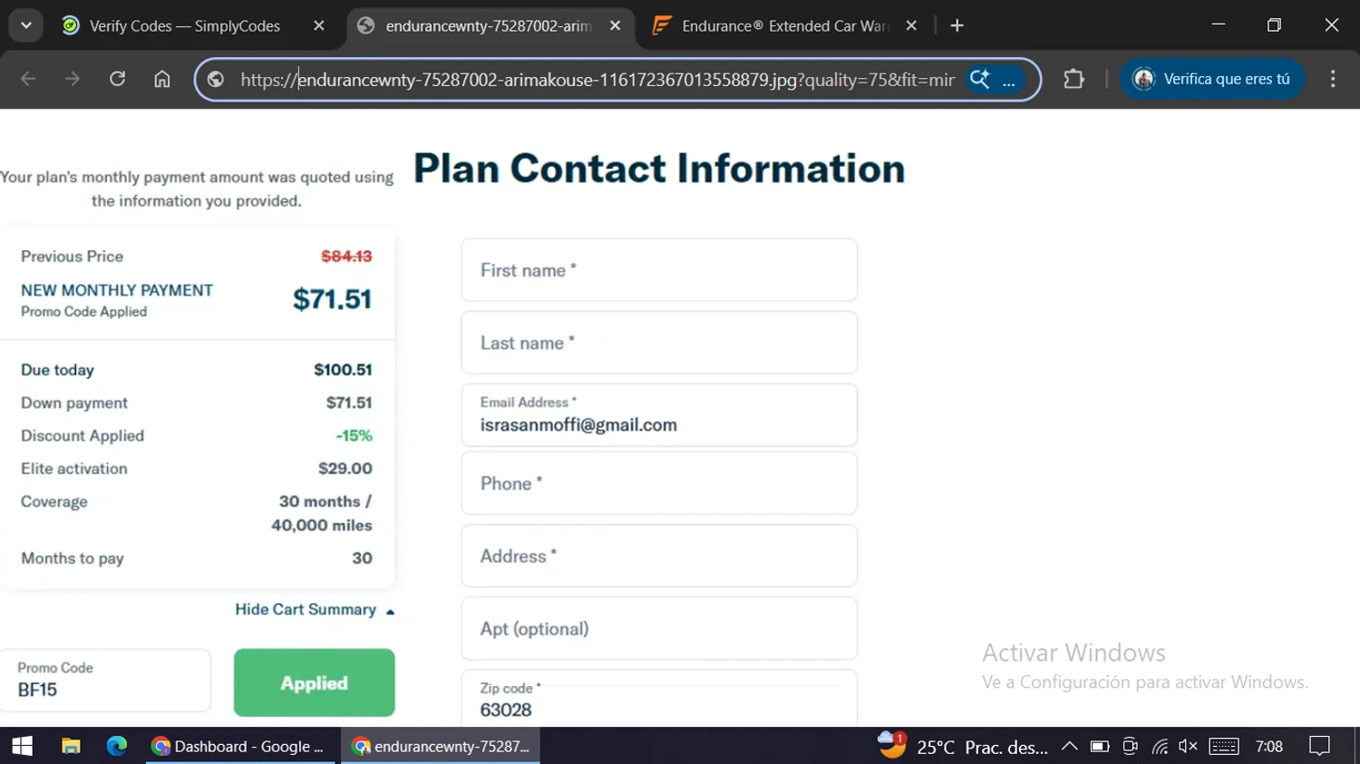 Endurance Warranty promo code screenshot showing code BF15 applied at Endurance Warranty checkout page. Uploaded by SimplyCodes community member ariannycfh on Dec 24, 2025