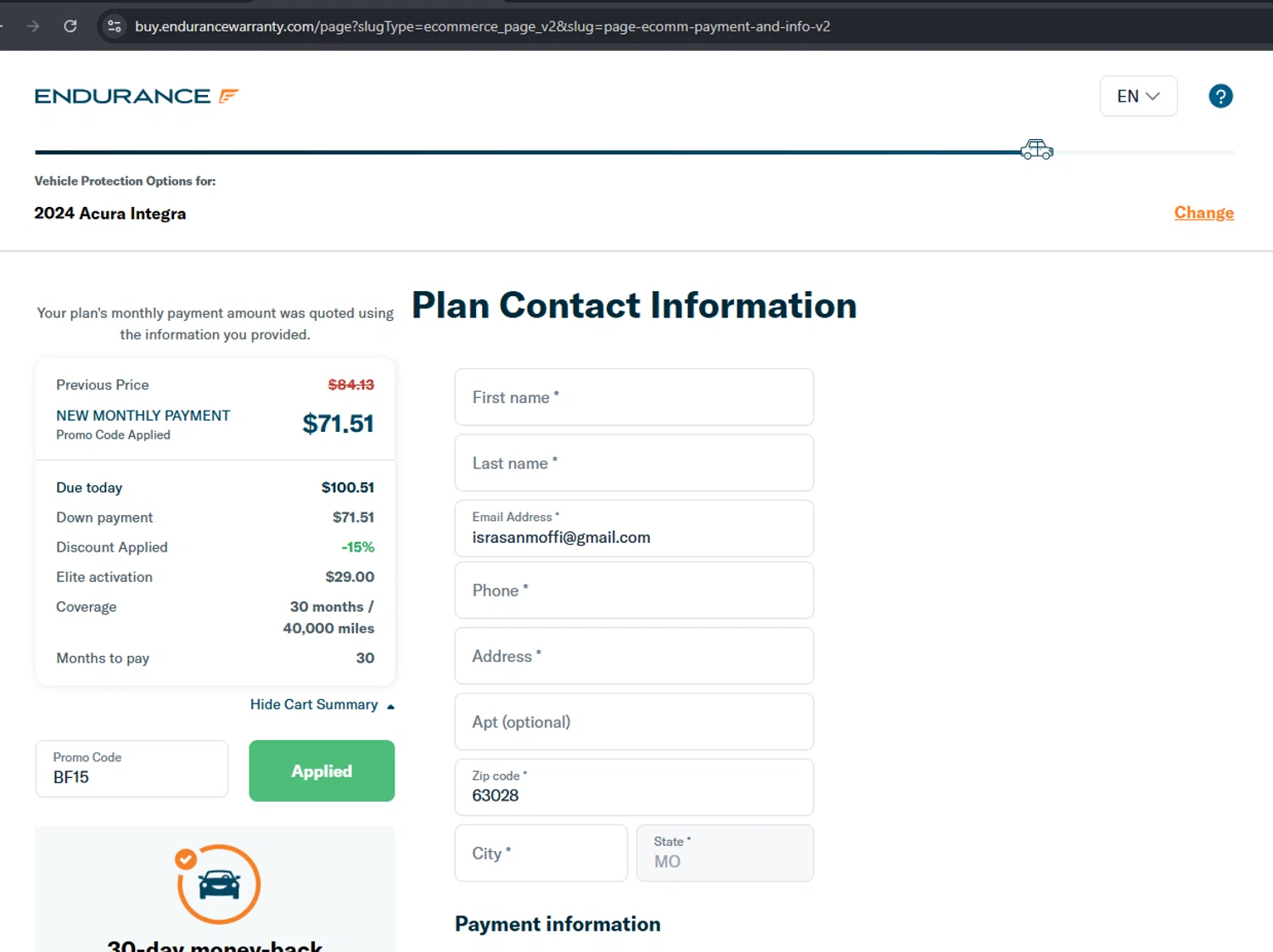 Endurance Warranty promo code screenshot showing code BF15 applied at Endurance Warranty checkout page. Uploaded by SimplyCodes community member arimakouse on Dec 13, 2025