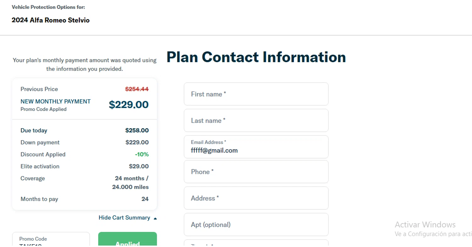 Endurance Warranty promo code screenshot showing code TAKE10 applied at Endurance Warranty checkout page. Uploaded by SimplyCodes community member Noxu350 on Dec 24, 2025