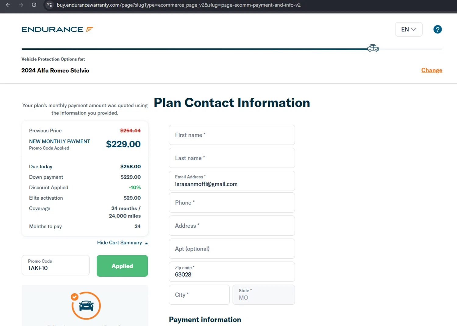 Endurance Warranty checkout page showing Endurance Warranty promo code box | Screenshot taken by SimplyCodes community member on Jan 26, 2026