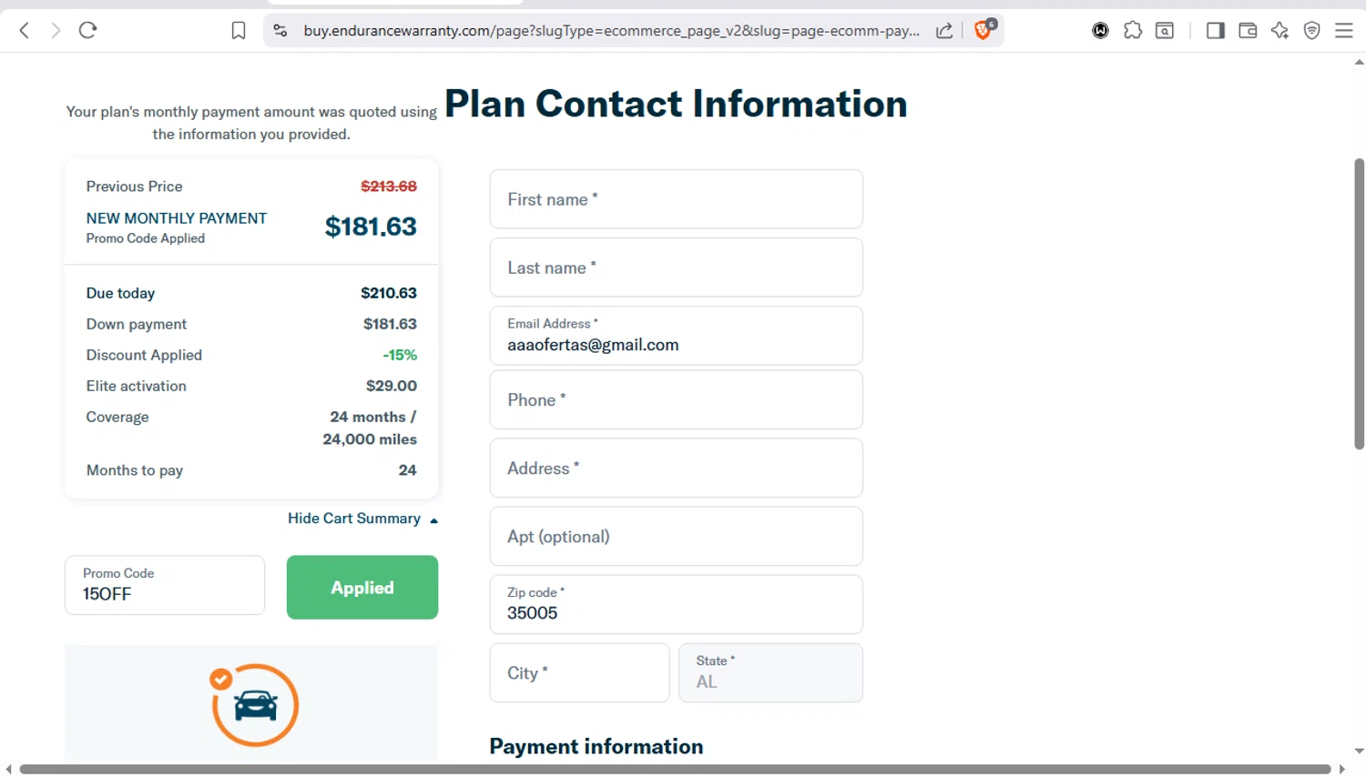 Endurance Warranty checkout page showing Endurance Warranty promo code box | Screenshot taken by SimplyCodes community member on Jan 24, 2026