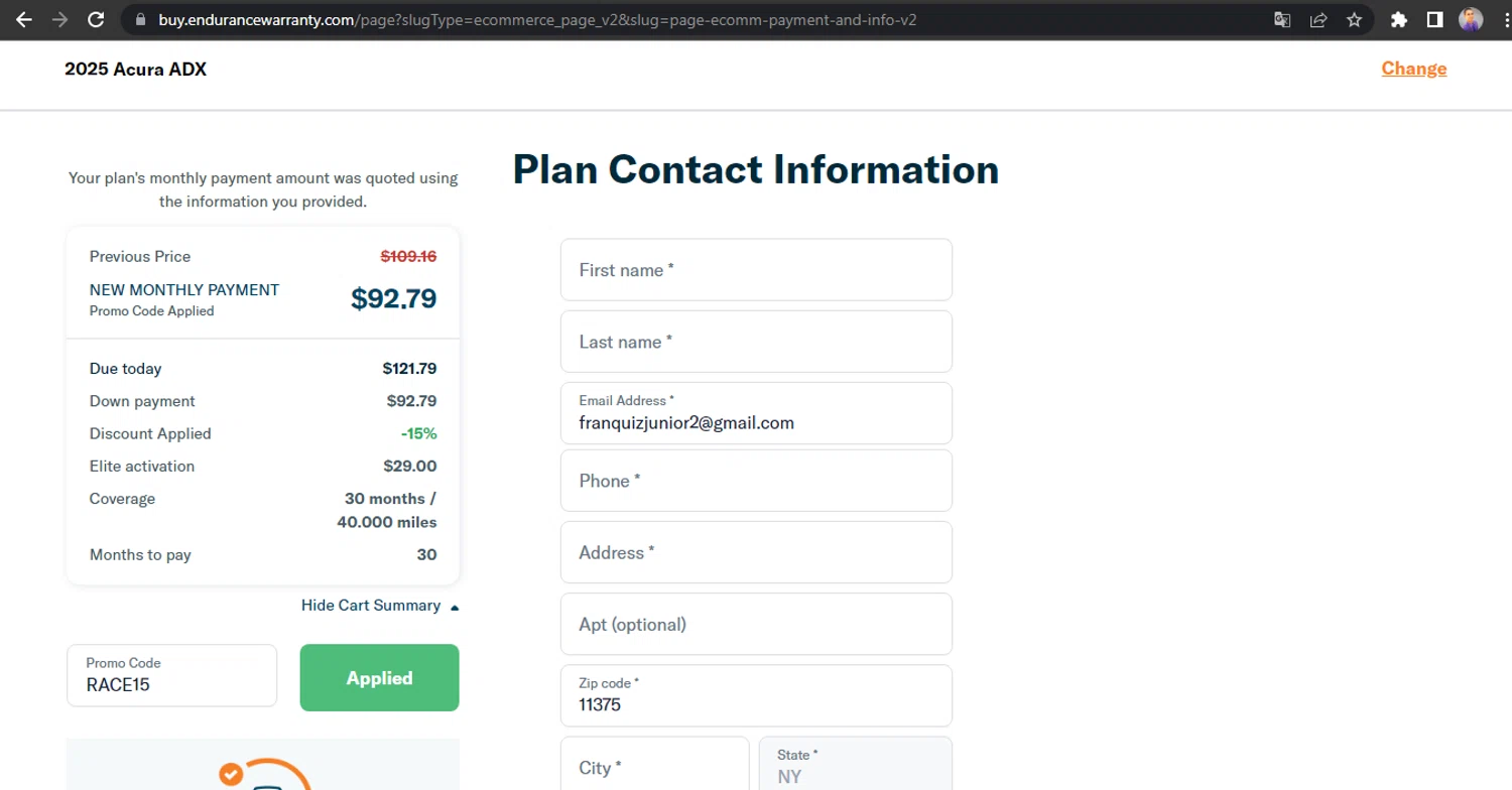 Endurance Warranty promo code screenshot showing code RACE15 applied at Endurance Warranty checkout page. Uploaded by SimplyCodes community member HUNTER1406 on Oct 22, 2025