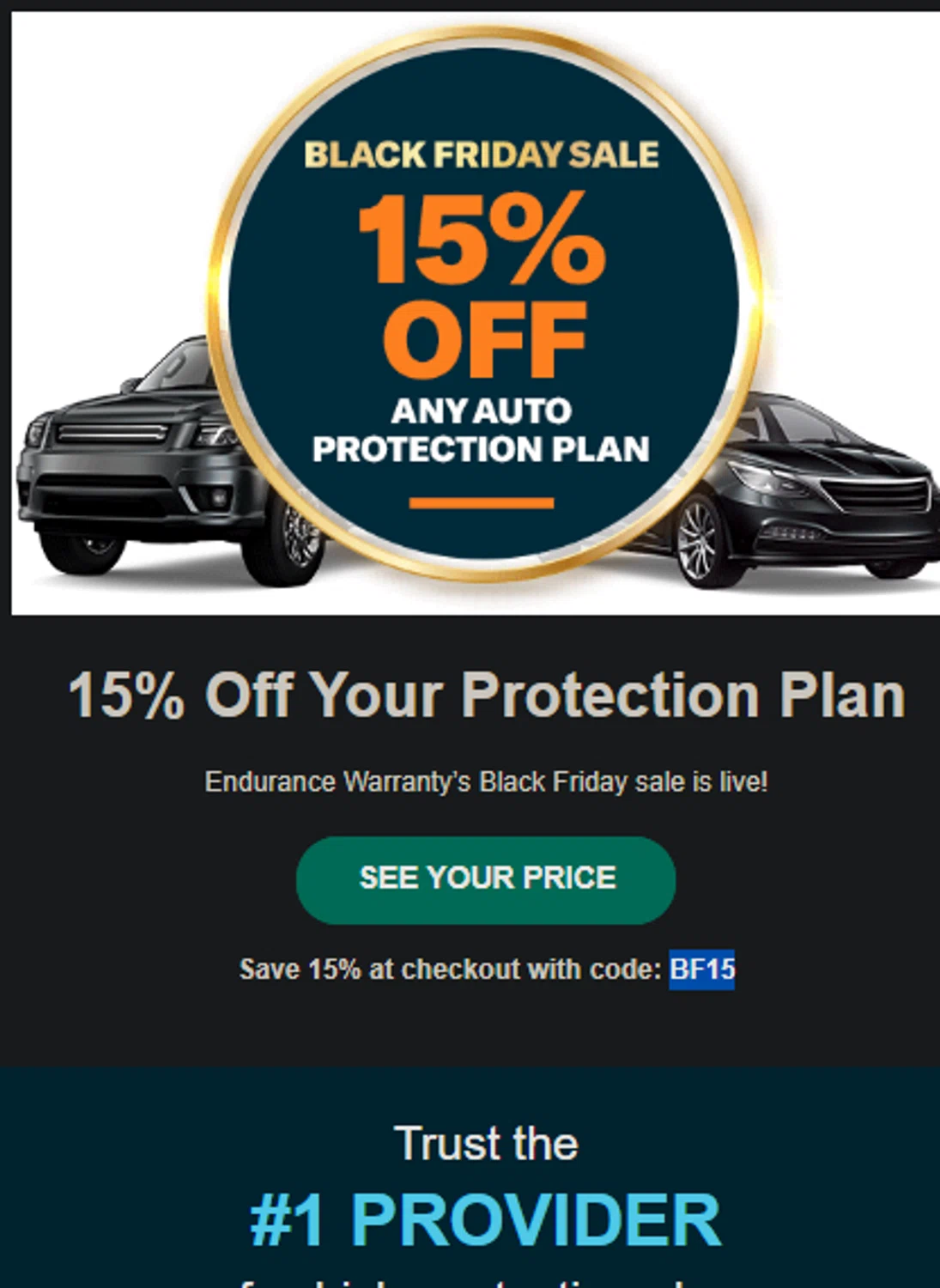 Endurance Warranty promo code screenshot showing code BF15 applied at Endurance Warranty checkout page. Uploaded by SimplyCodes community member idkxxx on Nov 20, 2025