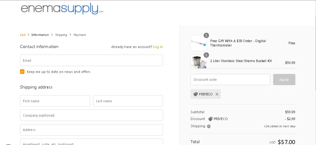 EnemaSupply.com checkout page showing EnemaSupply.com promo code box | Screenshot taken by SimplyCodes community member on Jul 22, 2021