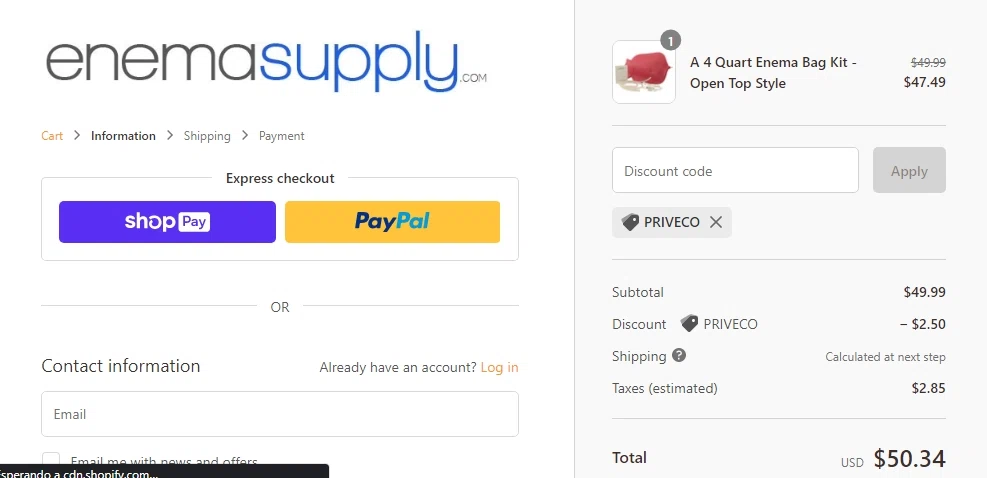 EnemaSupply.com checkout page showing EnemaSupply.com promo code box | Screenshot taken by SimplyCodes community member on Oct 19, 2022
