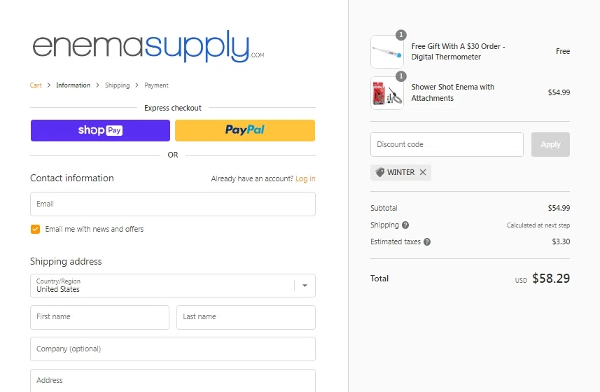 EnemaSupply.com checkout page showing EnemaSupply.com promo code box | Screenshot taken by SimplyCodes community member on Mar 15, 2023