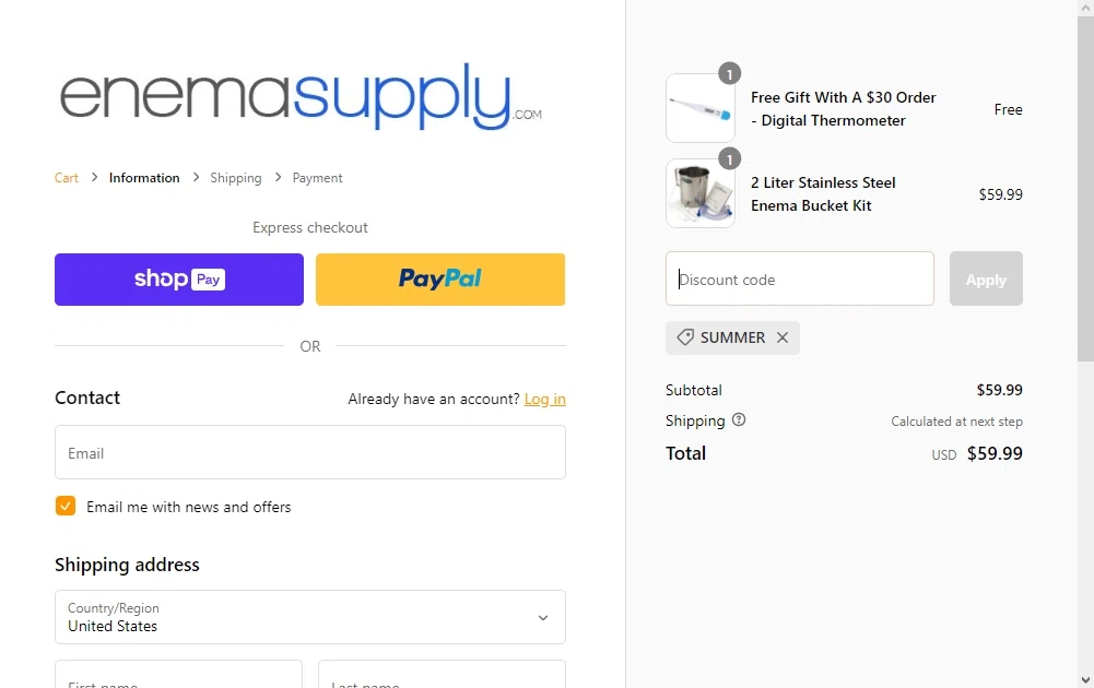 EnemaSupply.com checkout page showing EnemaSupply.com promo code box | Screenshot taken by SimplyCodes community member on Jul 29, 2023