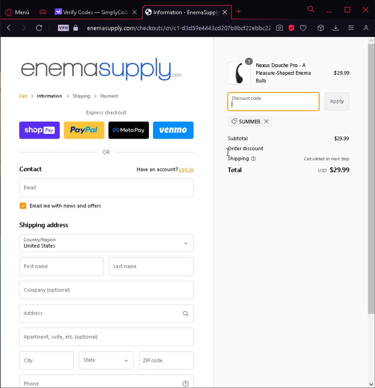 EnemaSupply.com checkout page showing EnemaSupply.com promo code box | Screenshot taken by SimplyCodes community member on Sep 25, 2023