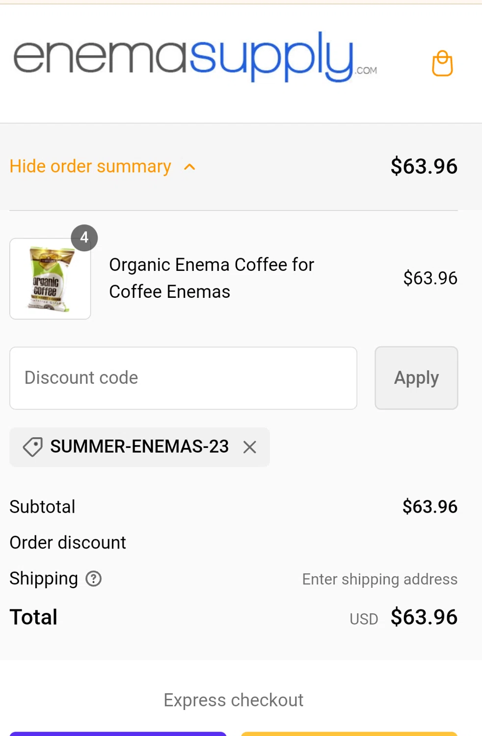 EnemaSupply.com checkout page showing EnemaSupply.com promo code box | Screenshot taken by SimplyCodes community member on Oct 19, 2023