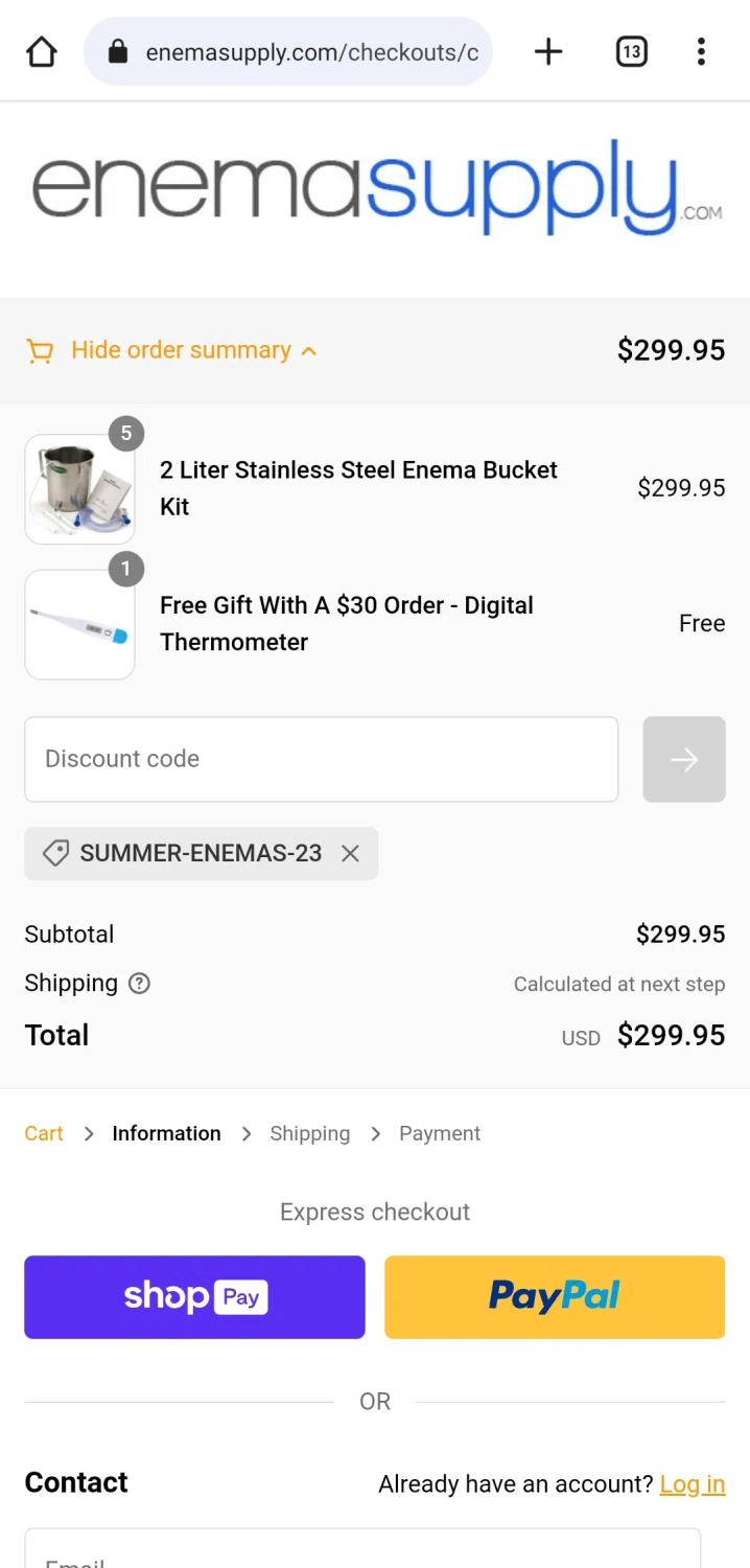 EnemaSupply.com checkout page showing EnemaSupply.com promo code box | Screenshot taken by SimplyCodes community member on Jul 24, 2023