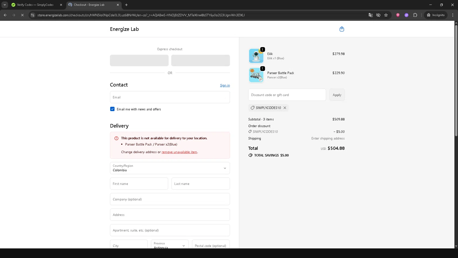 Energize Lab discount code screenshot showing code SIMPLYCODES10 applied at Energize Lab checkout page. Uploaded by SimplyCodes community member pequenokalvin5 on Nov 27, 2025