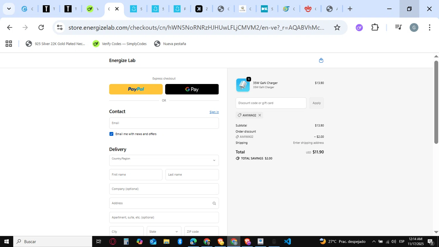 Energize Lab discount code screenshot showing code AMIWA02 applied at Energize Lab checkout page. Uploaded by SimplyCodes community member guest_623525963 on Nov 17, 2025