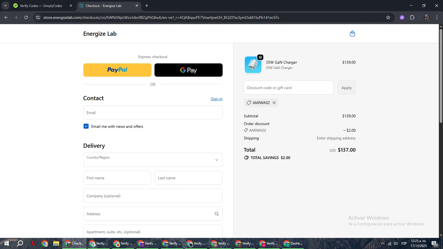 Energize Lab discount code screenshot showing code AMIWA02 applied at Energize Lab checkout page. Uploaded by SimplyCodes community member xxdddd on Nov 17, 2025