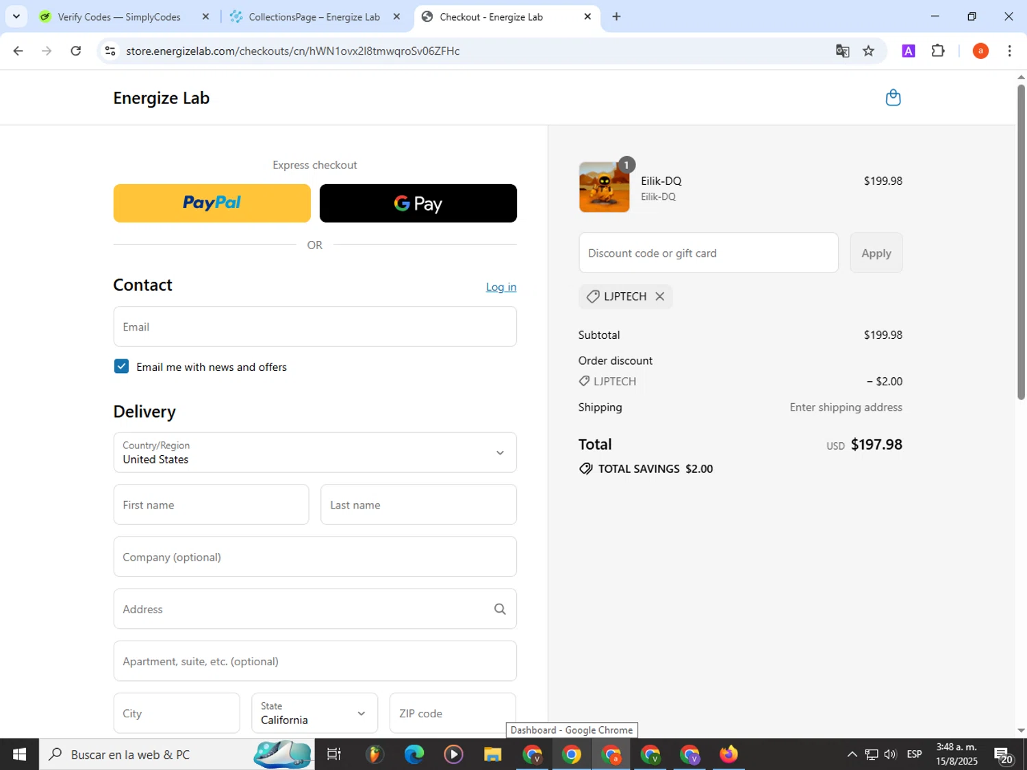 Energize Lab discount code screenshot showing code LJPTECH applied at Energize Lab checkout page. Uploaded by SimplyCodes community member partenalgas on Aug 15, 2025