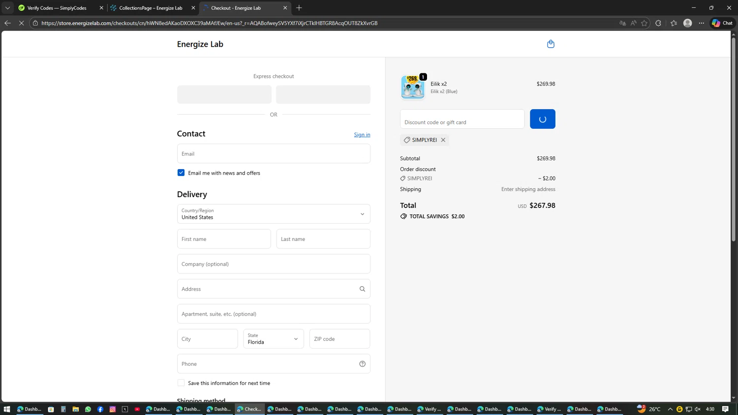 Energize Lab discount code screenshot showing code SIMPLYREI applied at Energize Lab checkout page. Uploaded by SimplyCodes community member AVAMUSTANG on Feb 11, 2026