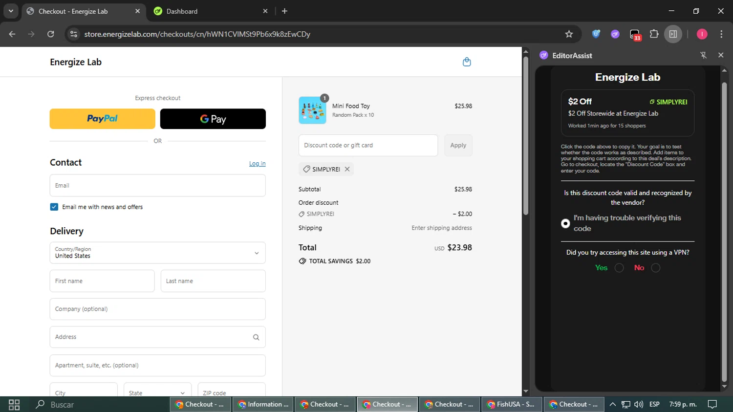 Energize Lab discount code screenshot showing code SIMPLYREI applied at Energize Lab checkout page. Uploaded by SimplyCodes community member SmartAce4137 on Jul 29, 2025