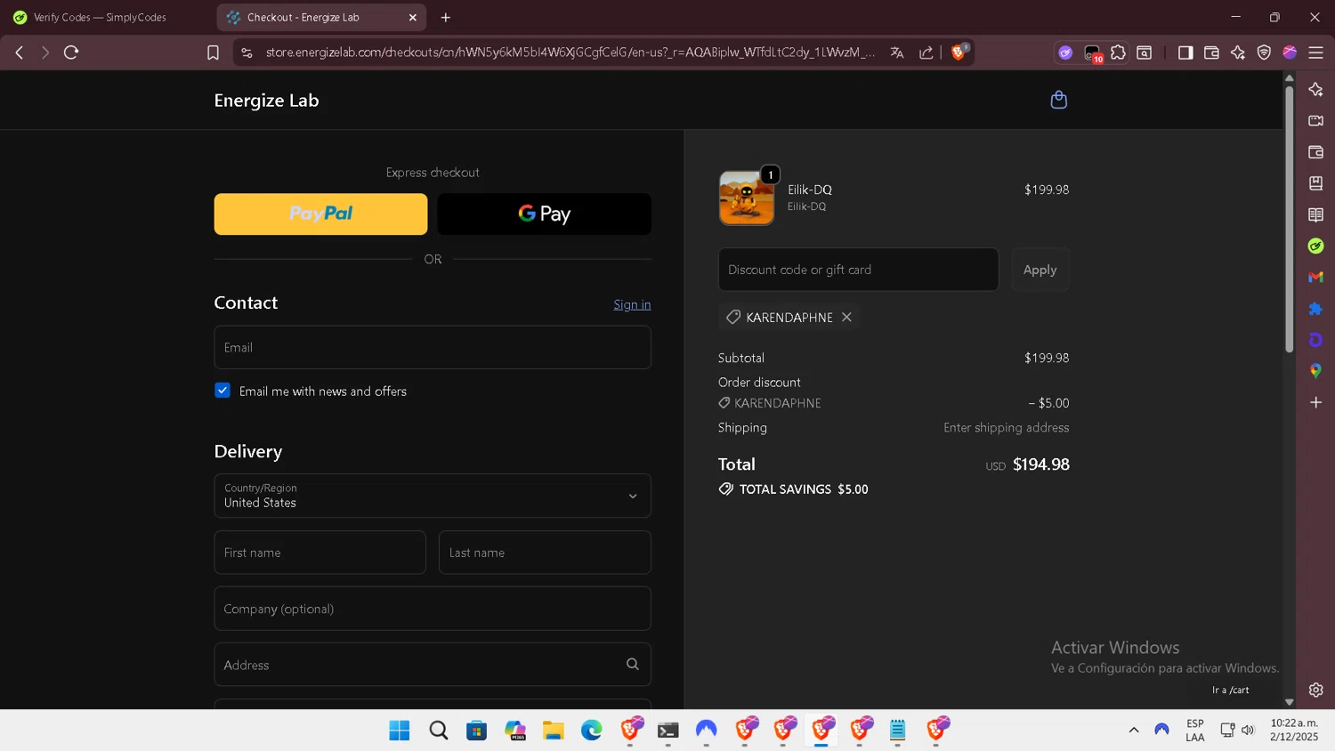Energize Lab discount code screenshot showing code KARENDAPHNE applied at Energize Lab checkout page. Uploaded by SimplyCodes community member SilverSentinel7889 on Dec 2, 2025