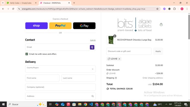 ENERGYbits checkout page showing ENERGYbits discount code box | Screenshot taken by SimplyCodes community member on Sep 7, 2025