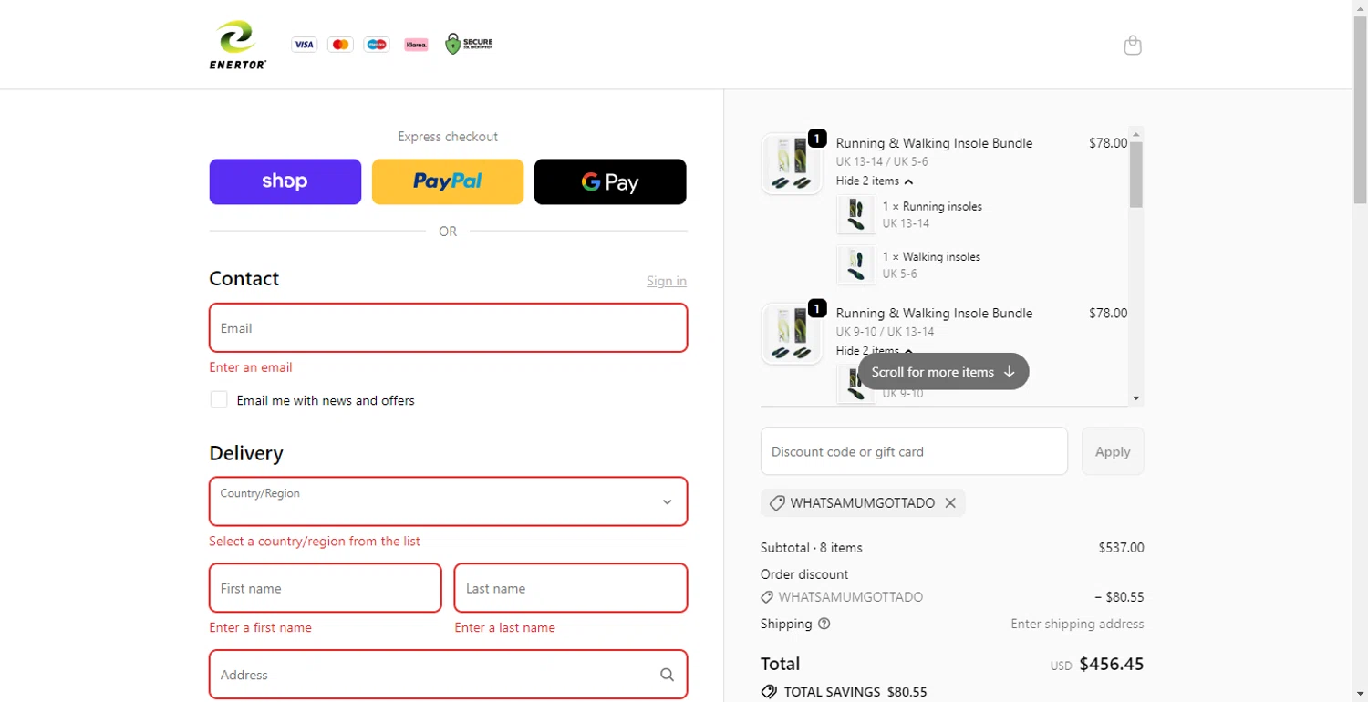 Enertor discount code screenshot showing code WHATSAMUMGOTTADO applied at Enertor checkout page. Uploaded by SimplyCodes community member DiscountTracker247 on Oct 20, 2025