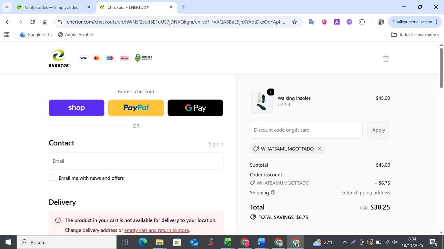 Enertor discount code screenshot showing code WHATSAMUMGOTTADO applied at Enertor checkout page. Uploaded by SimplyCodes community member NobleMonarch5837 on Nov 18, 2025