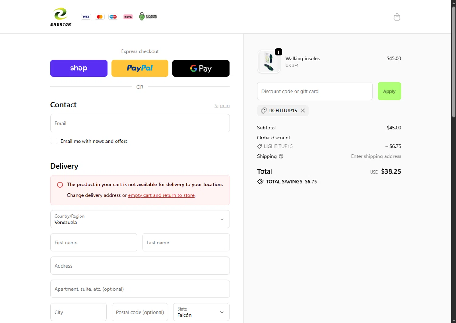 Enertor discount code screenshot showing code LIGHTITUP15 applied at Enertor checkout page. Uploaded by SimplyCodes community member SwiftTracker8156 on Nov 18, 2025