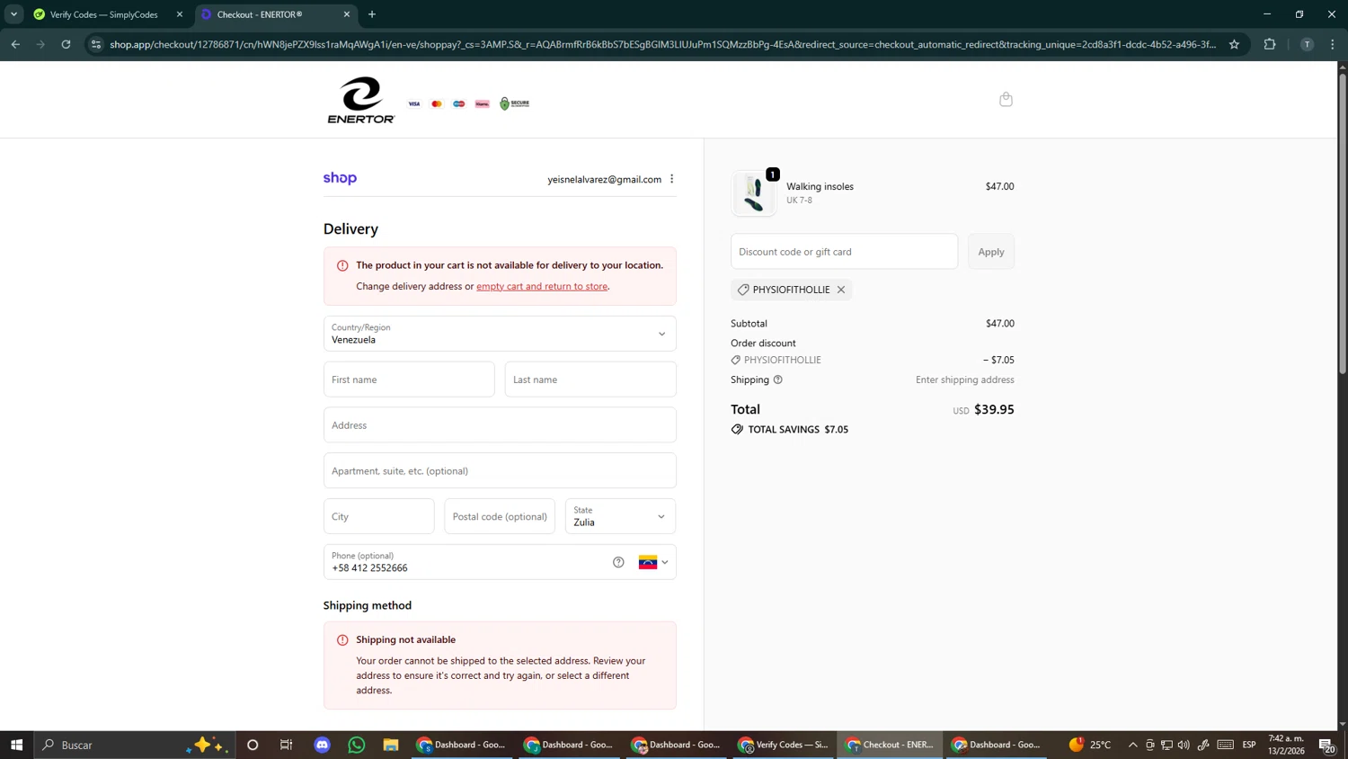 Enertor checkout page showing Enertor discount code box | Screenshot taken by SimplyCodes community member on Feb 13, 2026