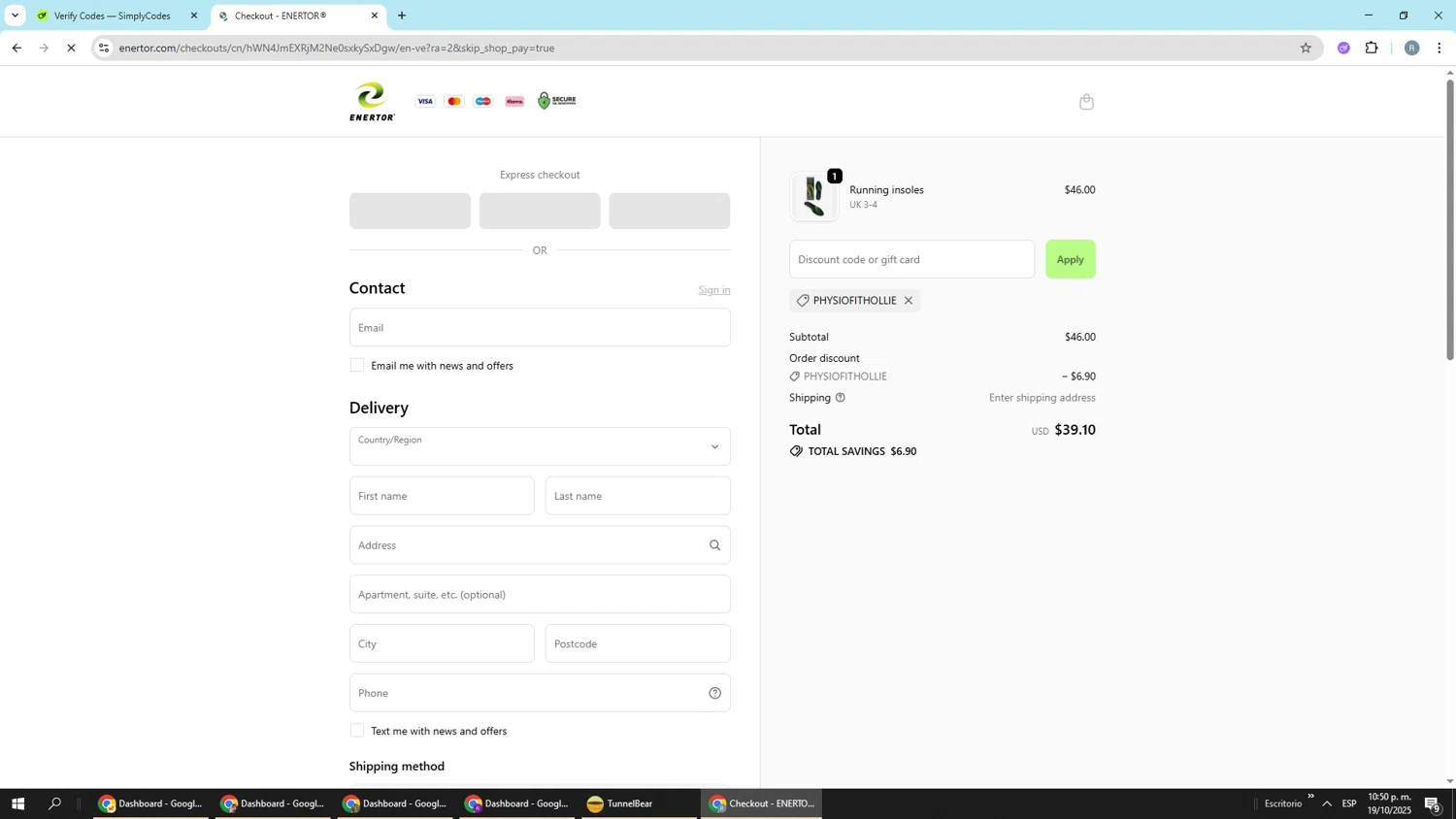 Enertor discount code screenshot showing code PHYSIOFITHOLLIE applied at Enertor checkout page. Uploaded by SimplyCodes community member Piolin on Oct 20, 2025