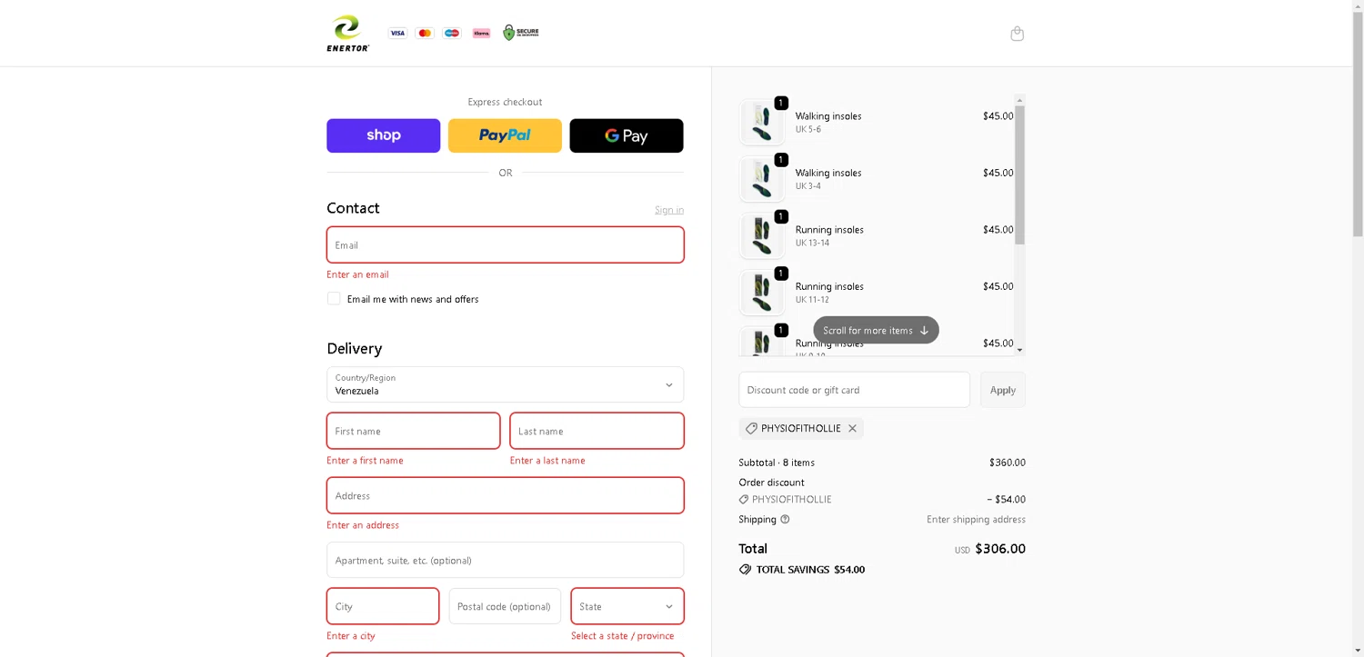 Enertor discount code screenshot showing code PHYSIOFITHOLLIE applied at Enertor checkout page. Uploaded by SimplyCodes community member DerekRoberson on Nov 18, 2025