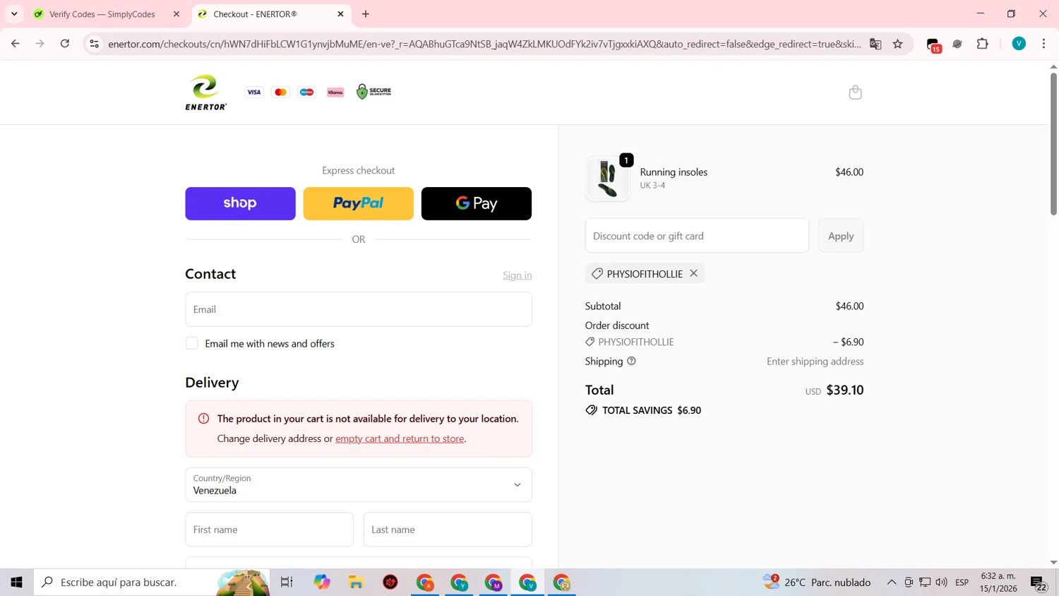 Enertor discount code screenshot showing code PHYSIOFITHOLLIE applied at Enertor checkout page. Uploaded by SimplyCodes community member lyffytaro on Jan 15, 2026