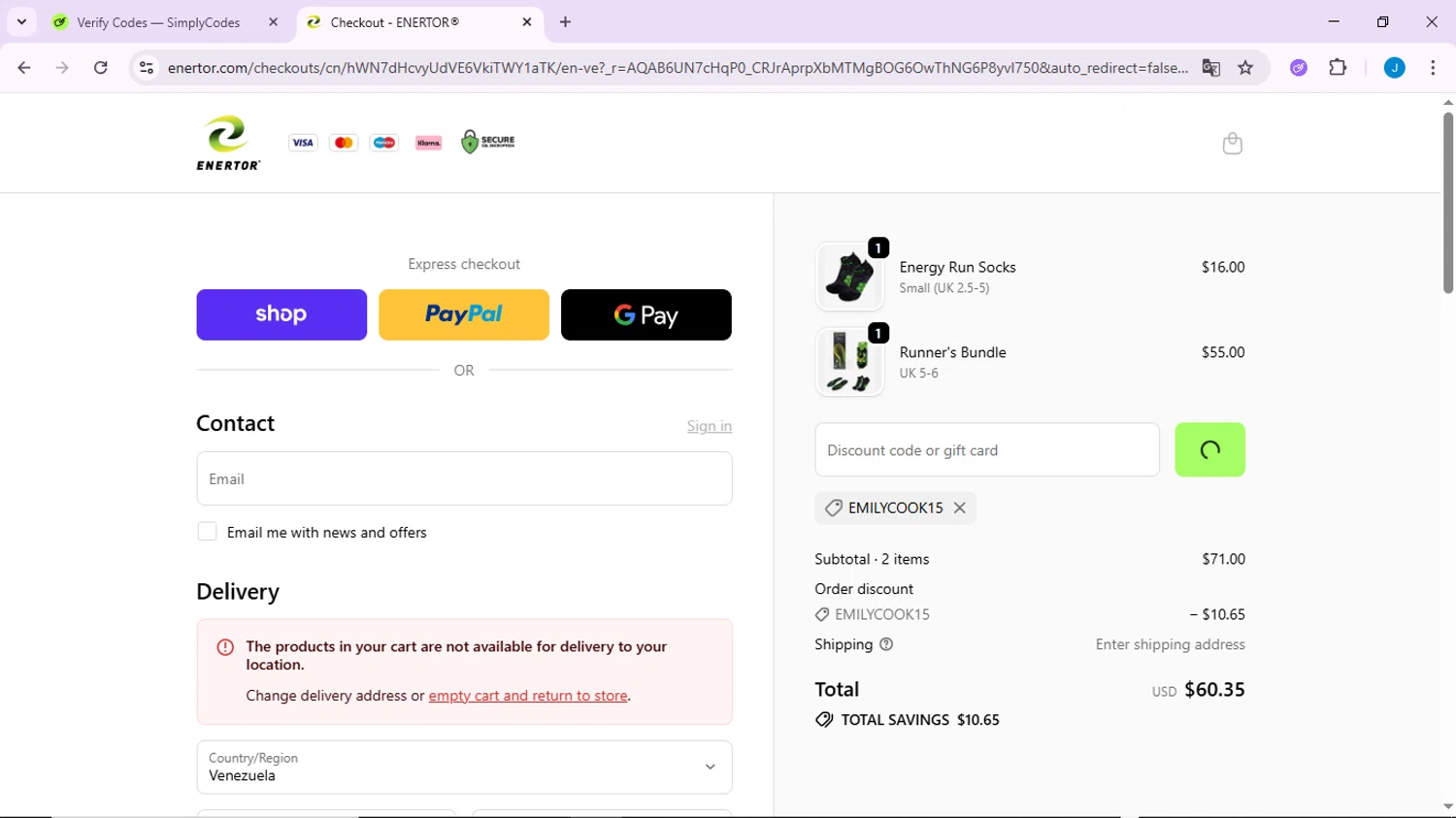 Enertor checkout page showing Enertor discount code box | Screenshot taken by SimplyCodes community member on Jan 15, 2026