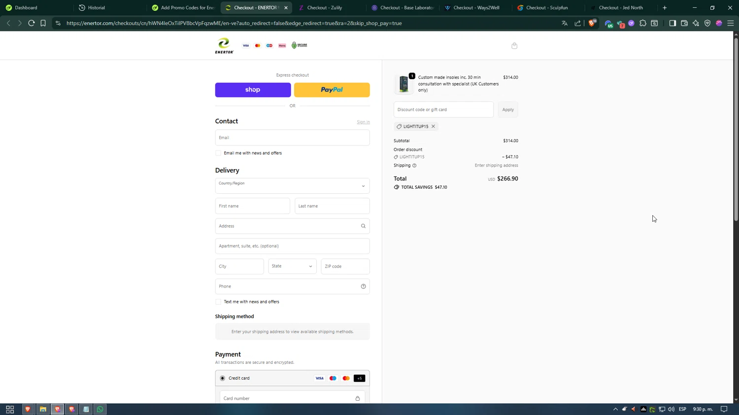 Enertor discount code screenshot showing code LIGHTITUP15 applied at Enertor checkout page. Uploaded by SimplyCodes community member Heibk201 on Oct 20, 2025