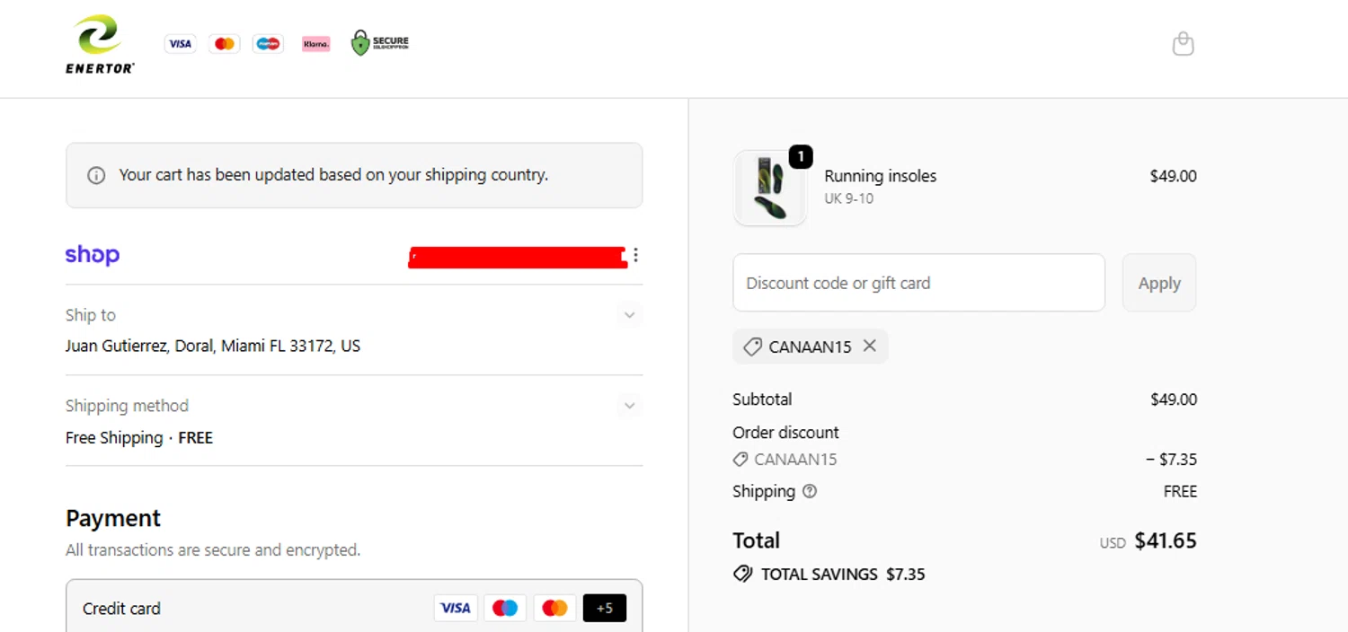 Enertor discount code screenshot showing code canaan15 applied at Enertor checkout page. Uploaded by SimplyCodes community member THEPOWER on Oct 19, 2025