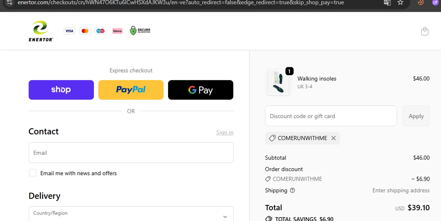 Enertor discount code screenshot showing code COMERUNWITHME applied at Enertor checkout page. Uploaded by SimplyCodes community member javierprez on Oct 14, 2025