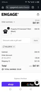 KILLER10 coupon verification screenshot
