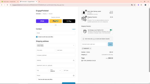 Engage Pickleball checkout page showing Engage Pickleball discount code box | Screenshot taken by SimplyCodes community member on Sep 8, 2025