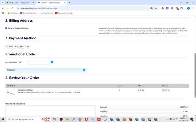 EngineerSupply checkout page showing EngineerSupply promo code box | Screenshot taken by SimplyCodes community member on Sep 5, 2025