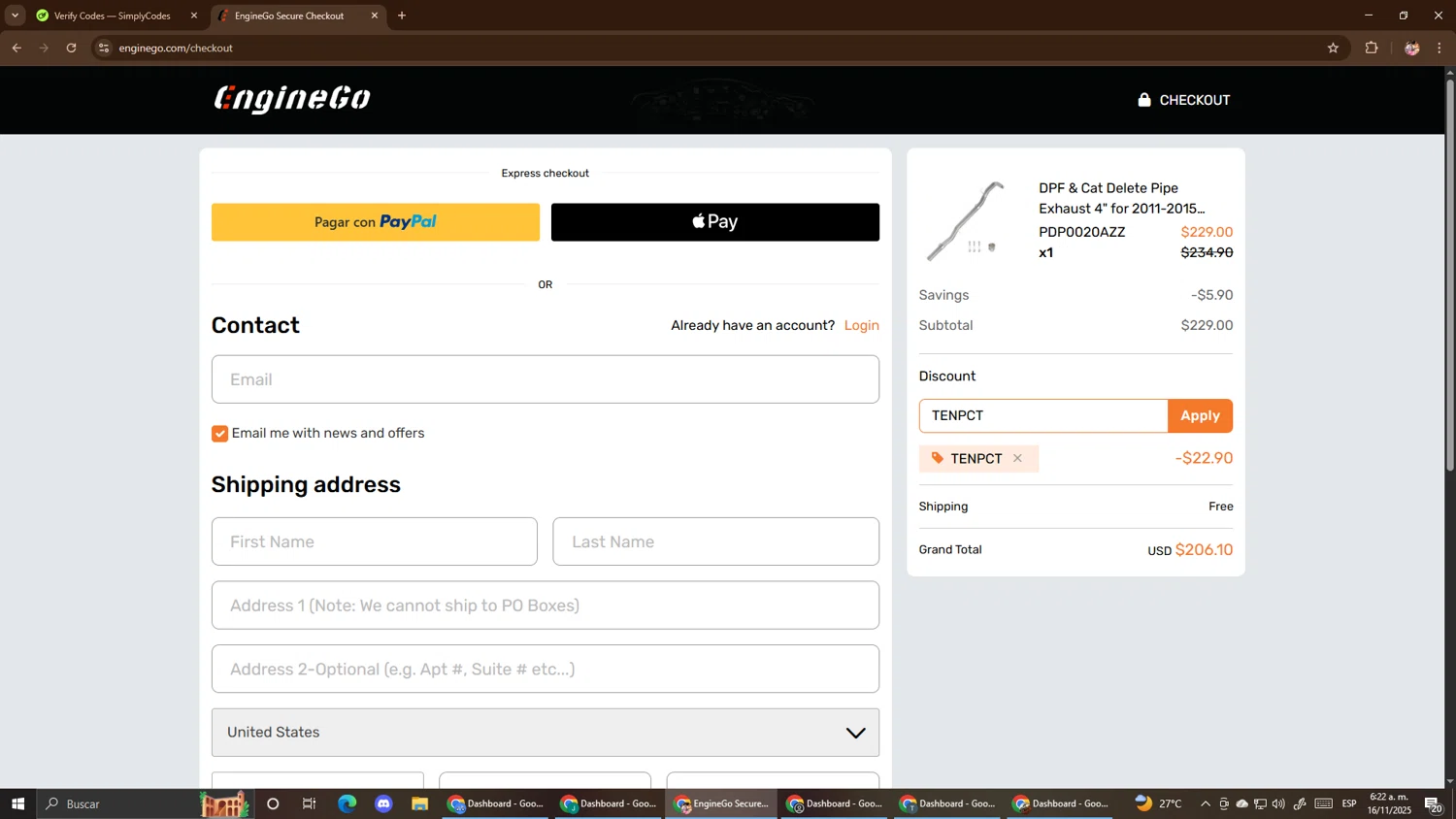 EngineGo promo code screenshot showing code TENPCT applied at EngineGo checkout page. Uploaded by SimplyCodes community member El_mynor on Nov 16, 2025