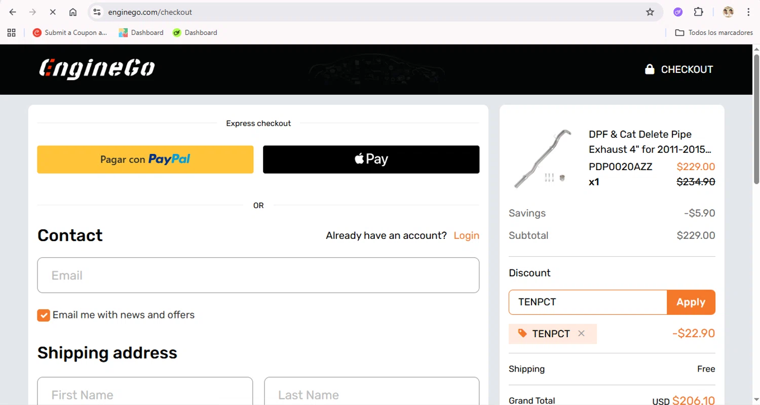 EngineGo promo code screenshot showing code TENPCT applied at EngineGo checkout page. Uploaded by SimplyCodes community member Fabio05 on Sep 19, 2025