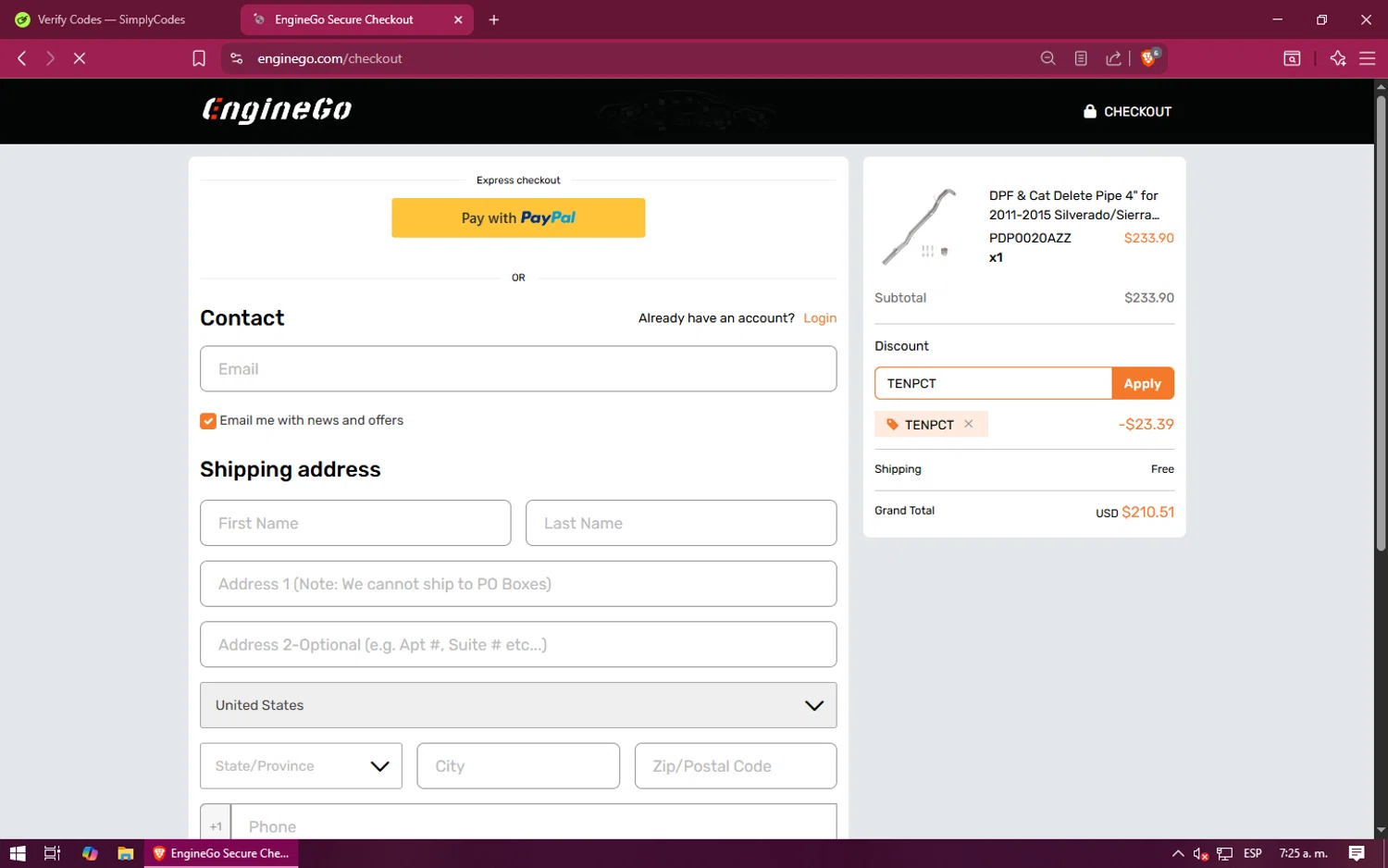 EngineGo promo code screenshot showing code TENPCT applied at EngineGo checkout page. Uploaded by SimplyCodes community member XINNNN on Aug 21, 2025