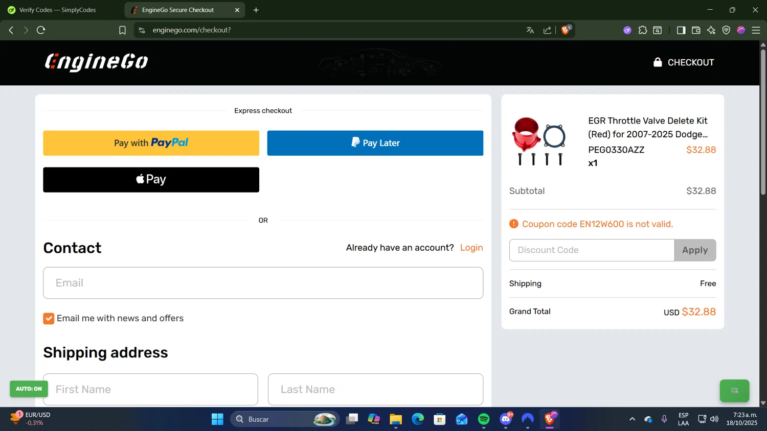 EngineGo promo code screenshot showing code EN12W600 applied at EngineGo checkout page. Uploaded by SimplyCodes community member CocuydePenca on Oct 18, 2025
