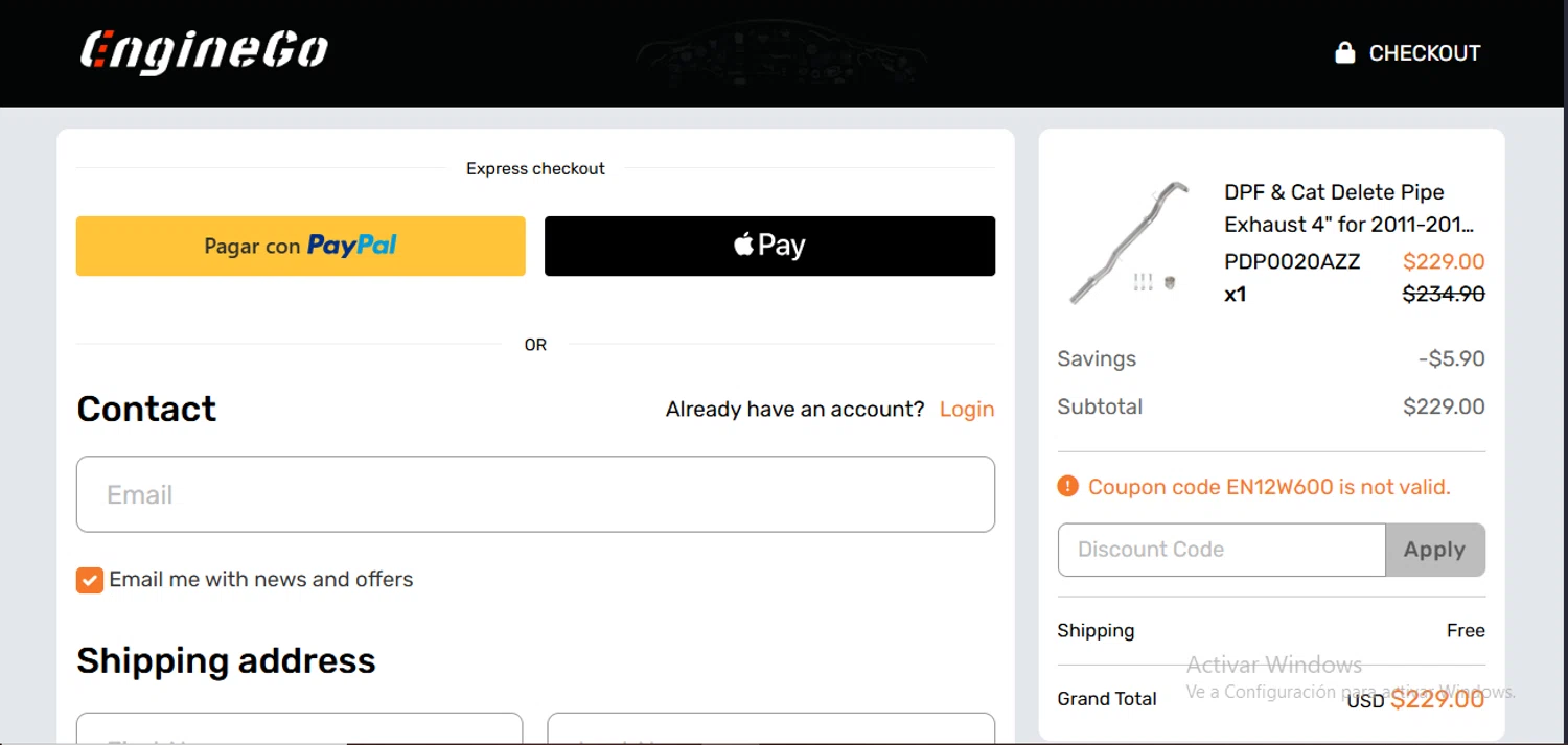 EngineGo promo code screenshot showing code EN12W600 applied at EngineGo checkout page. Uploaded by SimplyCodes community member RewardLynx9164 on Sep 19, 2025