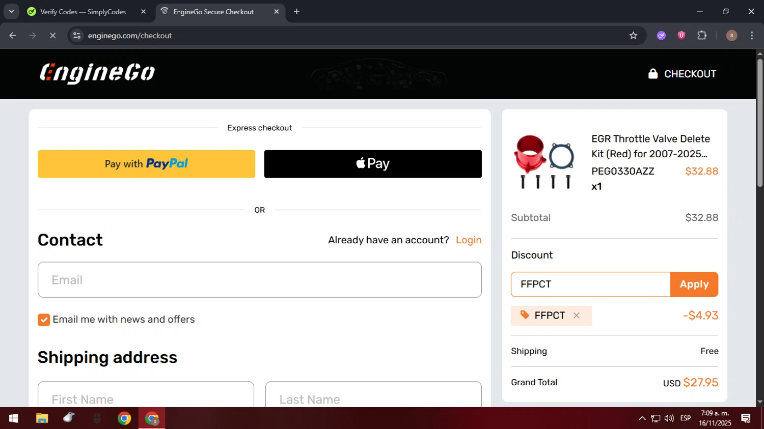 EngineGo promo code screenshot showing code FFPCT applied at EngineGo checkout page. Uploaded by SimplyCodes community member 61664350 on Nov 16, 2025