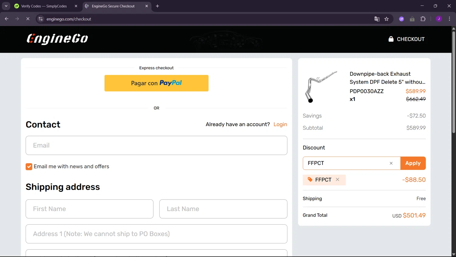 EngineGo promo code screenshot showing code FFPCT applied at EngineGo checkout page. Uploaded by SimplyCodes community member RoyalOwl5790 on Jul 23, 2025