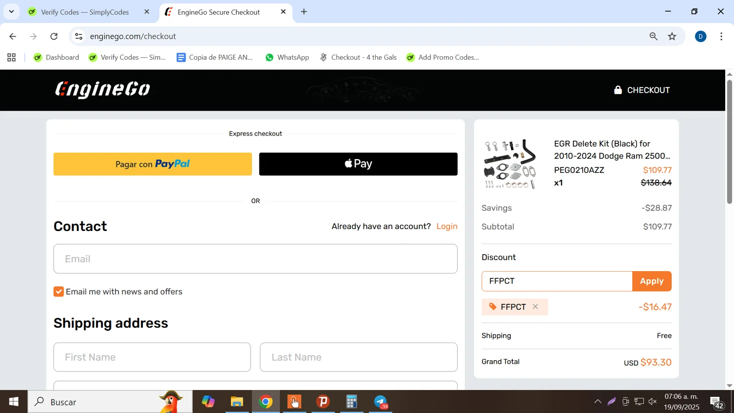 EngineGo promo code screenshot showing code FFPCT applied at EngineGo checkout page. Uploaded by SimplyCodes community member danielgarcia1 on Sep 19, 2025