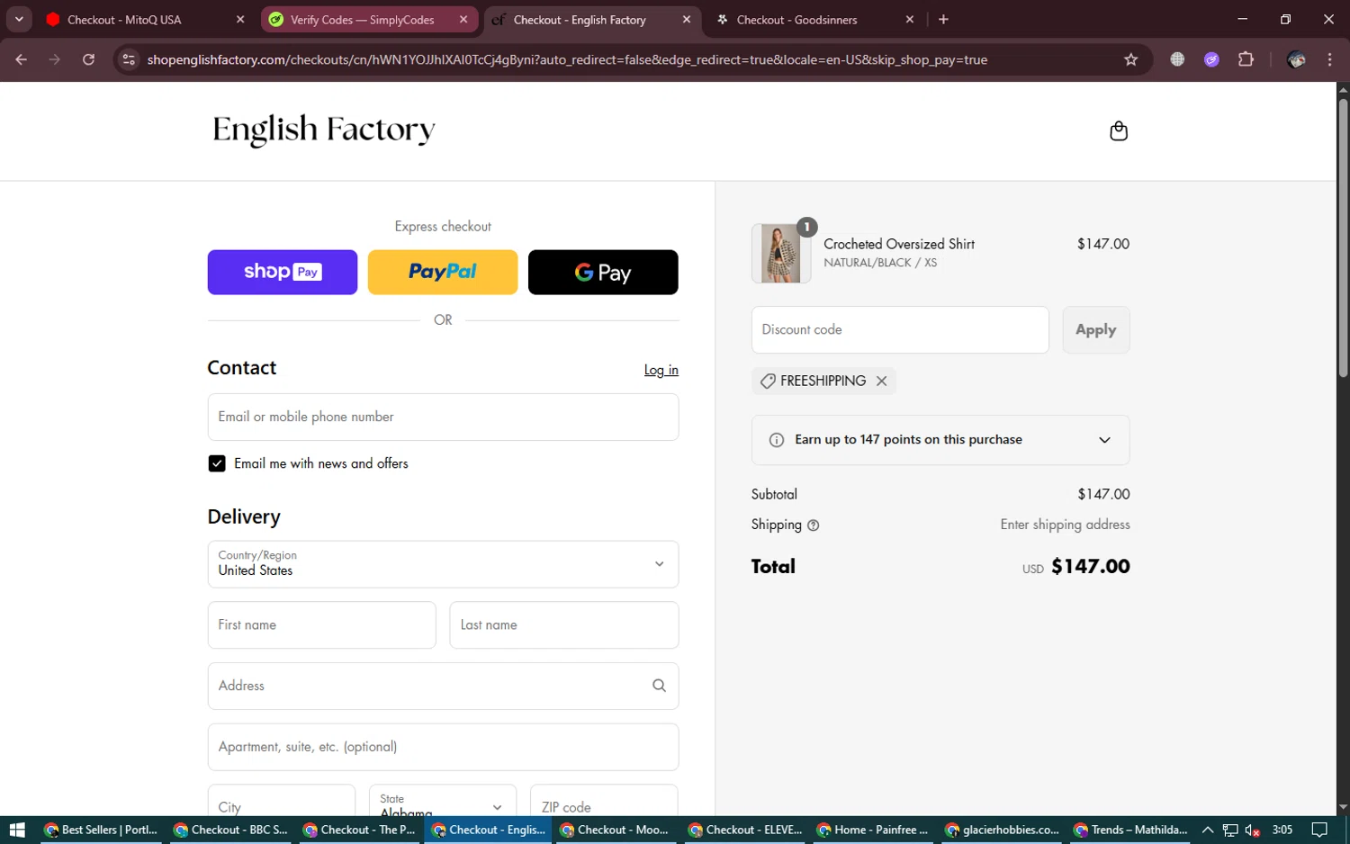 English Factory coupon code screenshot showing code FREESHIPPING applied at English Factory checkout page. Uploaded by SimplyCodes community member NobleGenius1697 on Aug 8, 2025